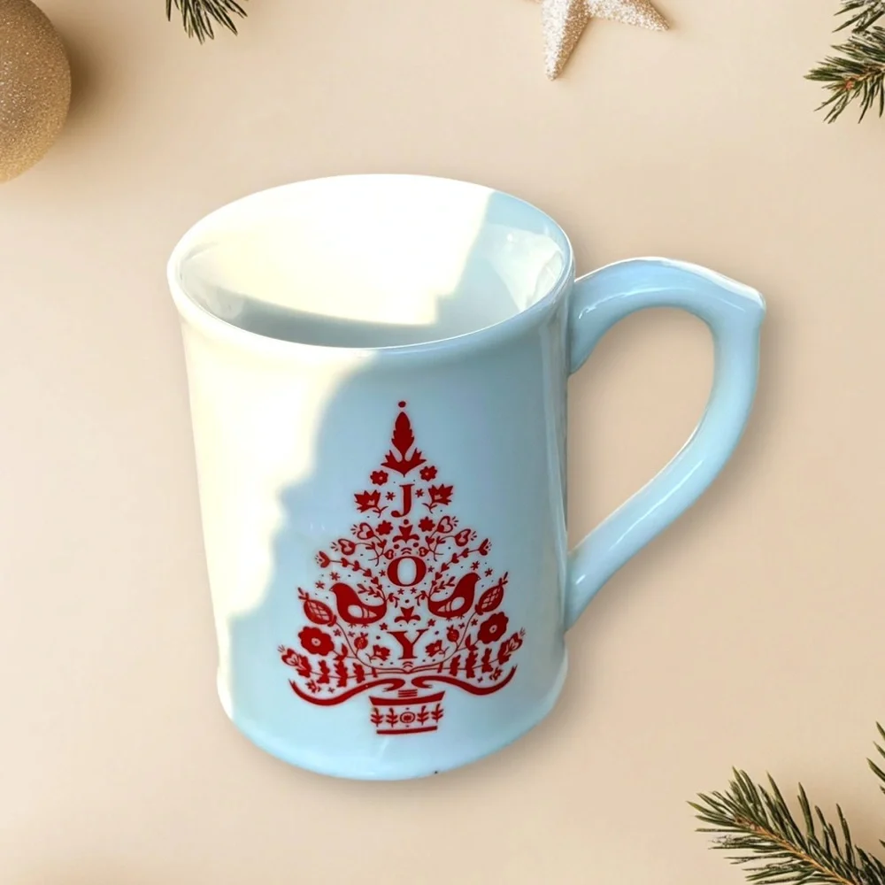 Williams Sonoma JOY Holiday Tree Red White Christmas Coffee Mug
